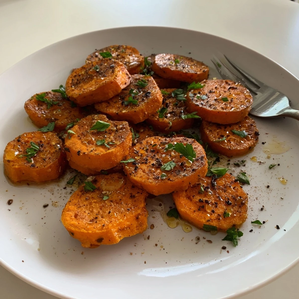 Honey Drizzled Roasted Sweet Potato Medallions glistening with caramelized edges, served warm.