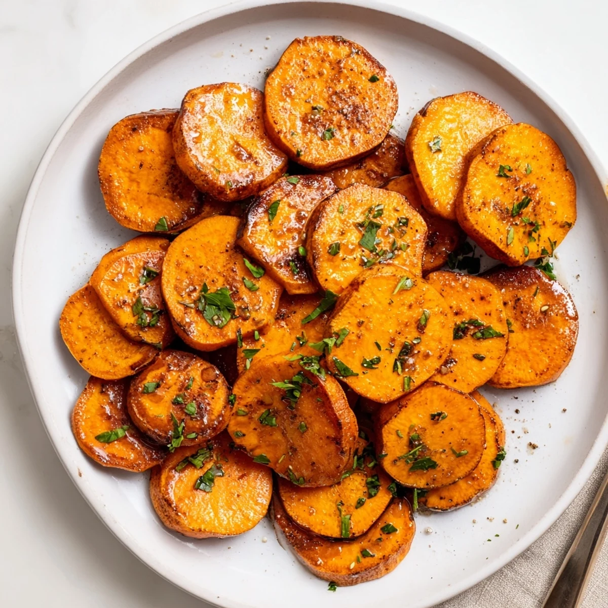 Honey Drizzled Roasted Sweet Potato Medallions arranged on a rustic platter, parsley garnish.