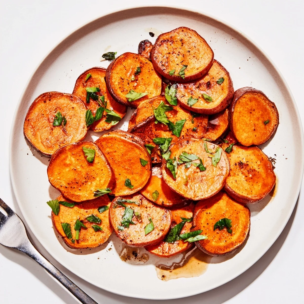 Golden Honey Drizzled Roasted Sweet Potato Medallions with honey pooling, cinnamon scent.