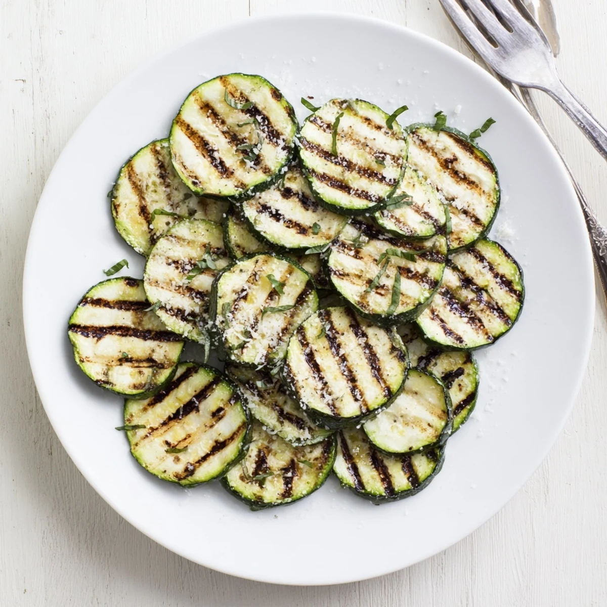 Smoky, tender slices of Crispy Grilled Zucchini With Parmesan And Fresh Herbs served warm