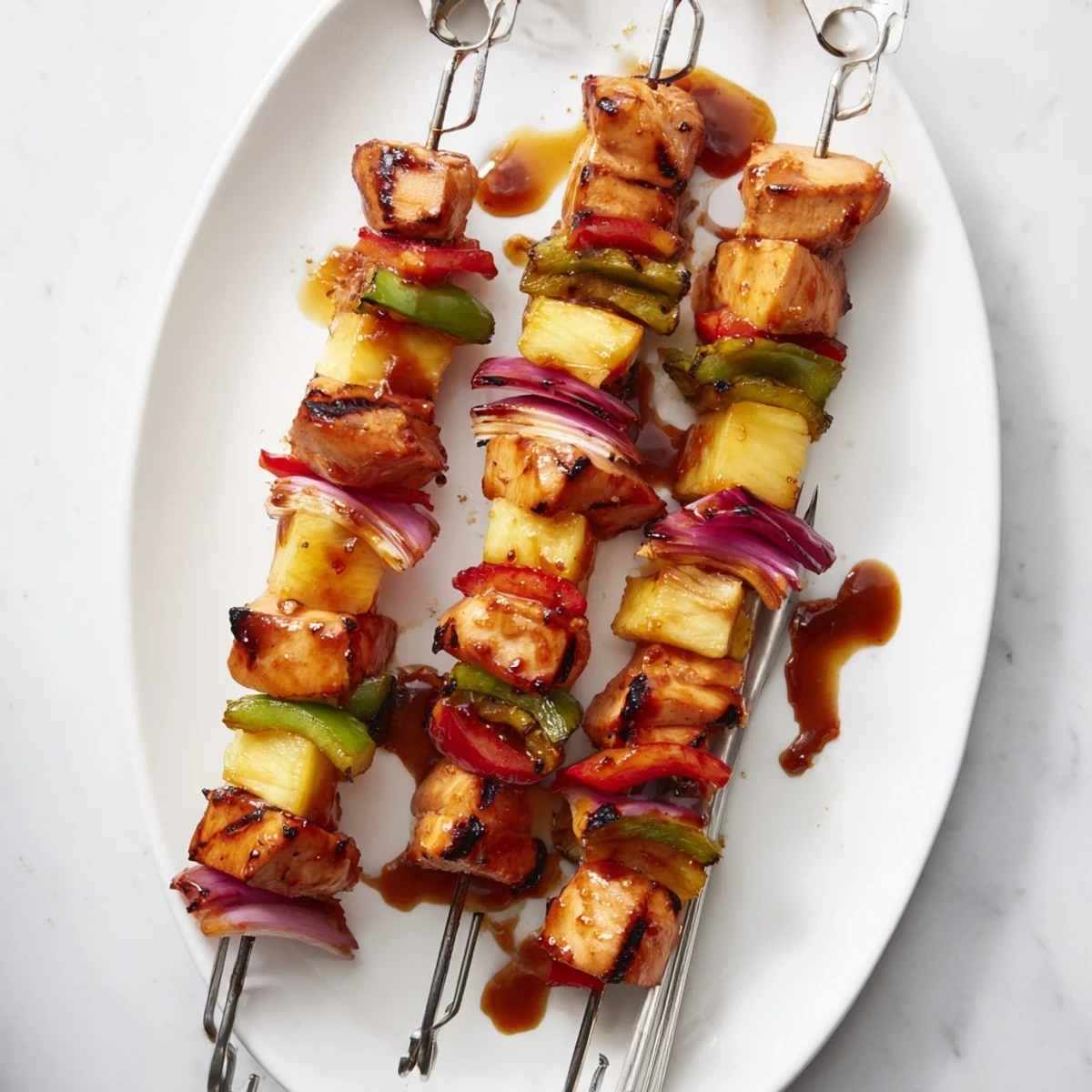 Grilled Bbq Pineapple Chicken Kabobs glazed with sticky sauce, served over rice