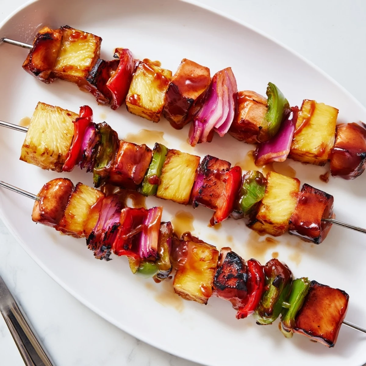 Bbq Pineapple Chicken Kabobs sizzling on grill with charred pineapple and peppers