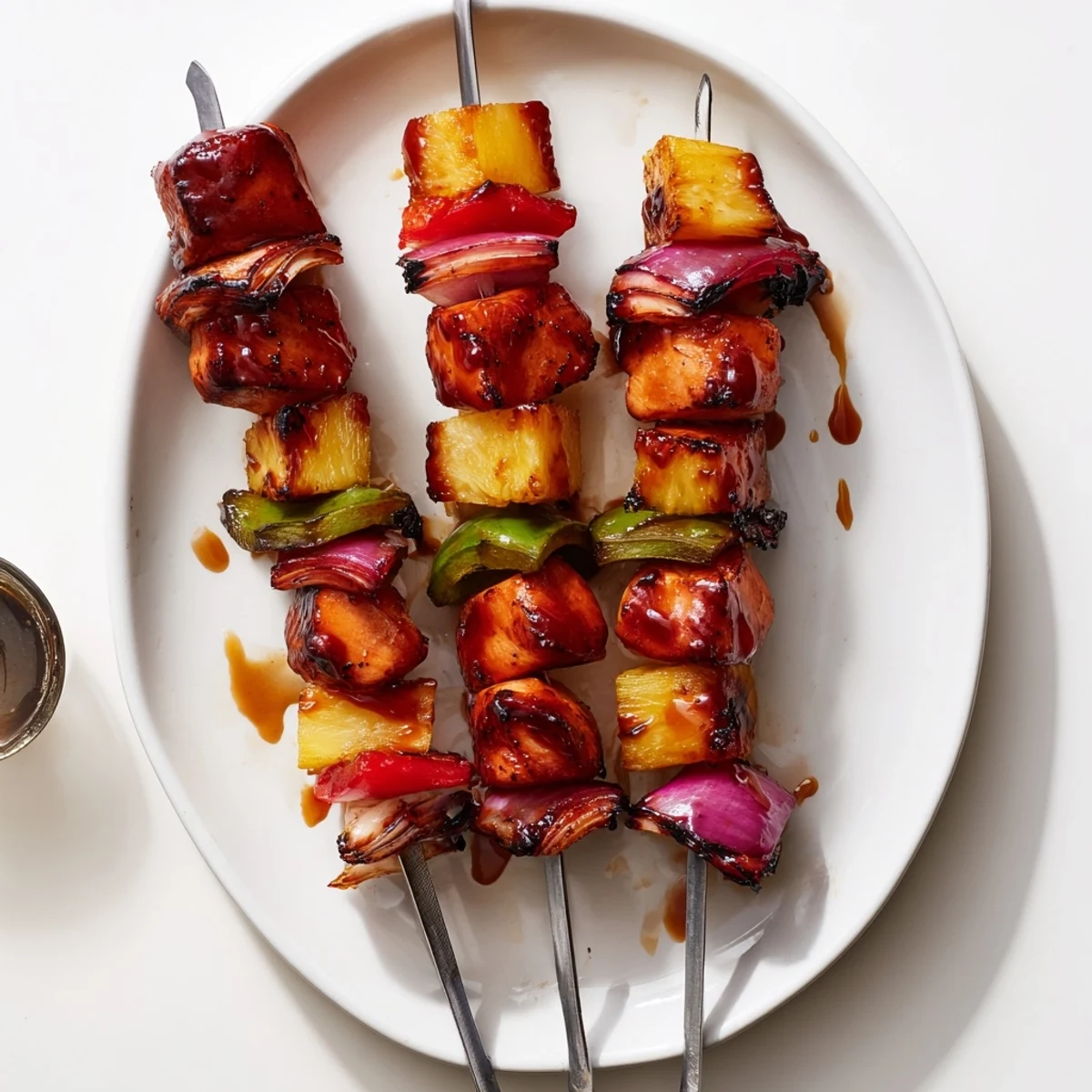 Summer Bbq Pineapple Chicken Kabobs arranged on platter, steamed rice and lime