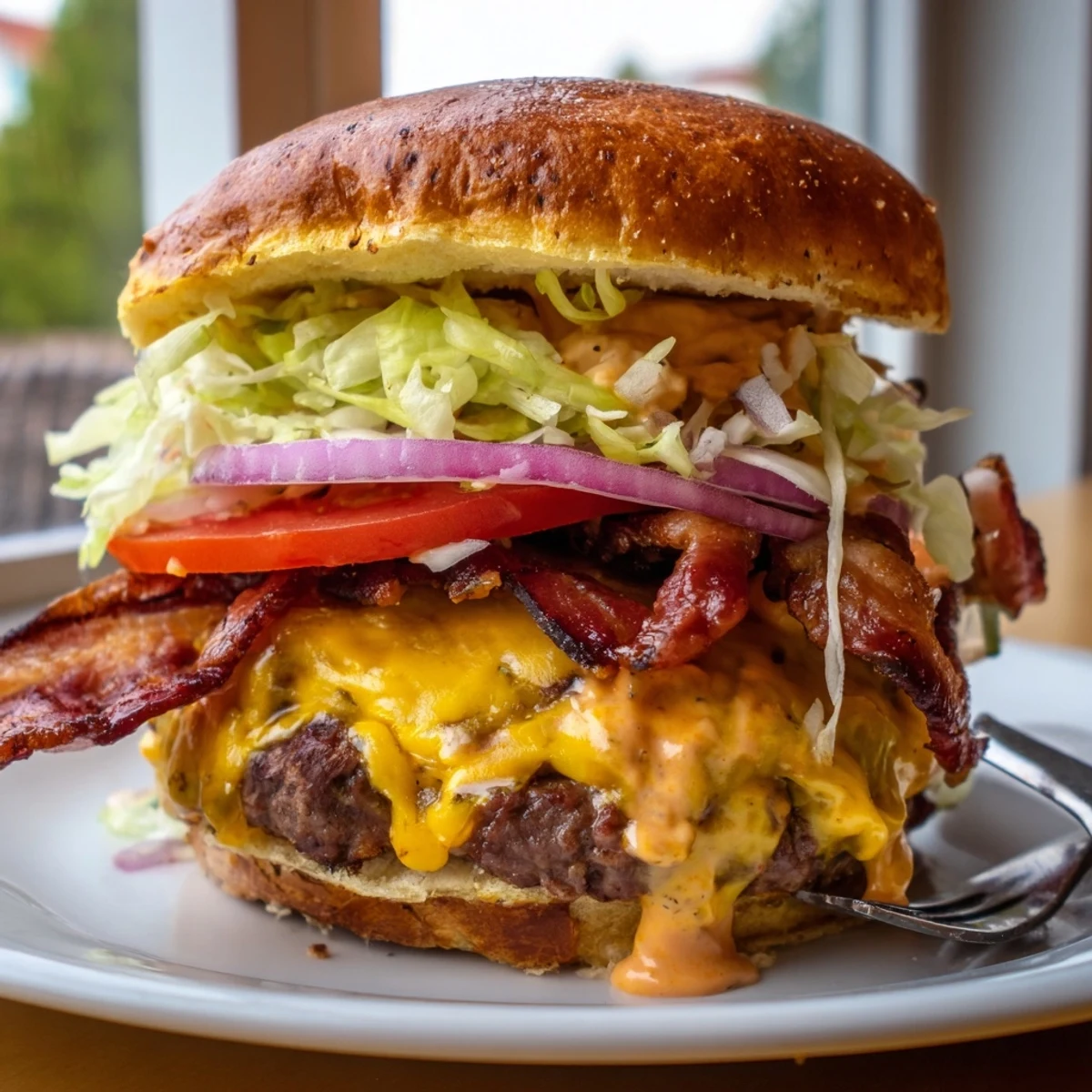 Juicy Irresistible Crack Burgers topped with crispy bacon, sauce, served with fries