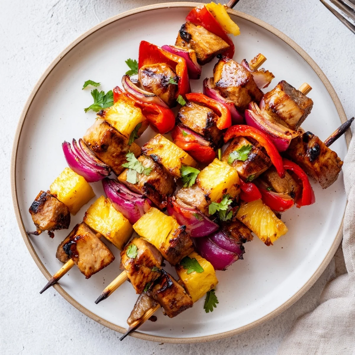 Grilled Pineapple Chicken Kabobs served over jasmine rice with cilantro garnish