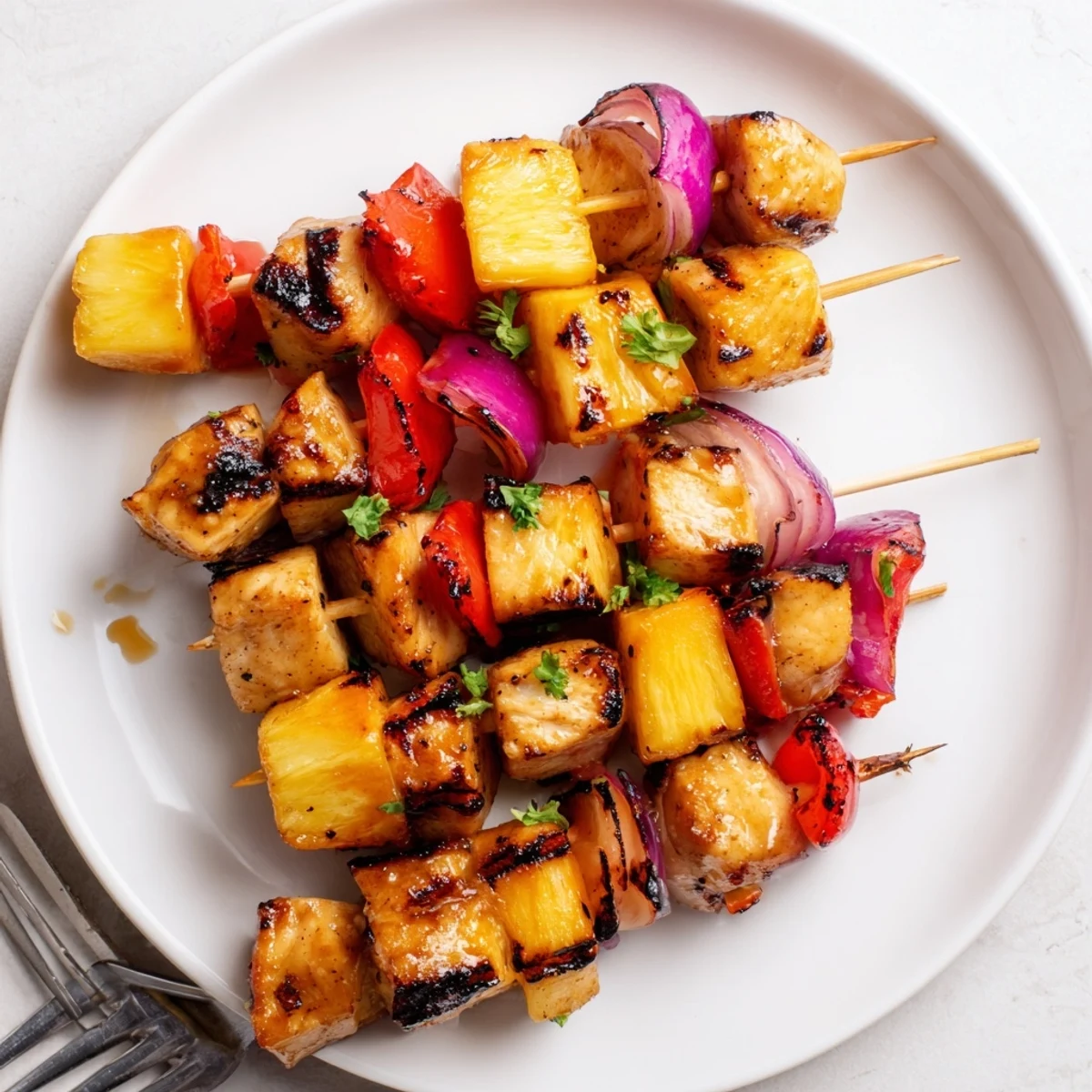 Pineapple Chicken Kabobs sizzling on grill, charred edges and juicy pineapple