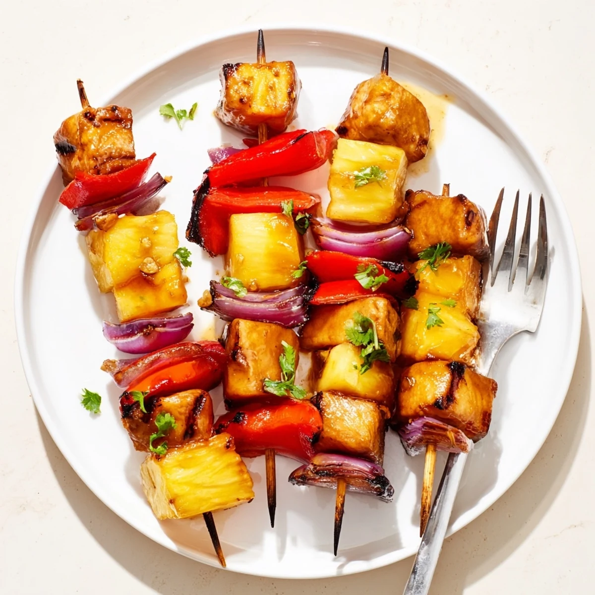 Citrus-garlic Pineapple Chicken Kabobs on skewers, caramelized and ready
