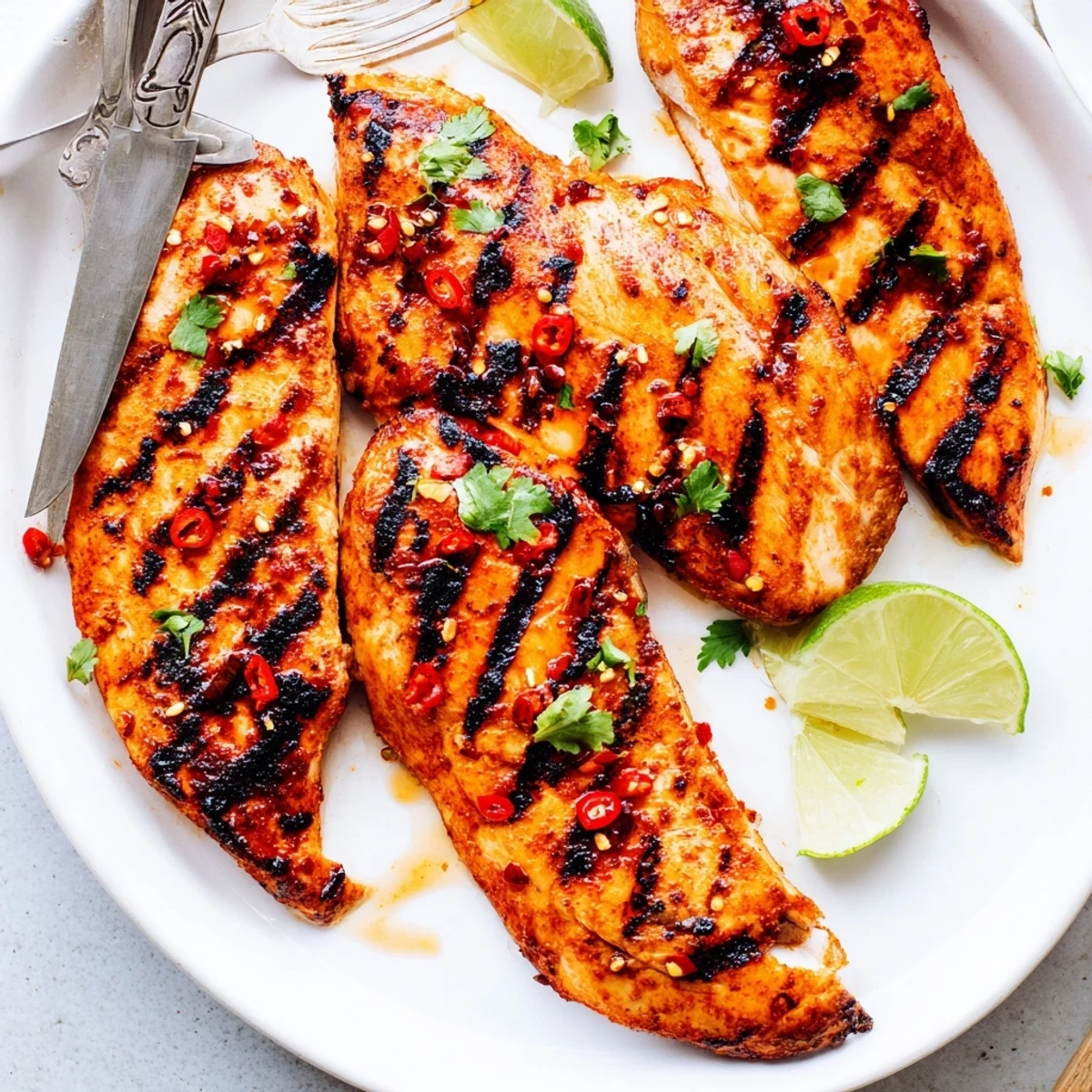 Juicy Grilled Spicy Honey Lime Chicken resting on platter, garnished with cilantro  
