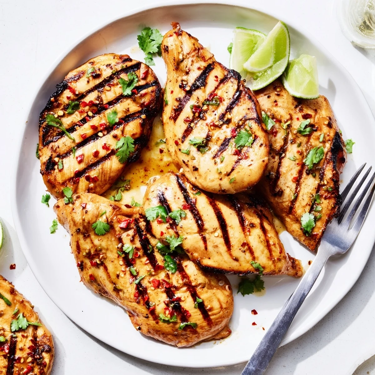 Grilled Spicy Honey Lime Chicken with charred grill marks, glossy honey-lime glaze  
