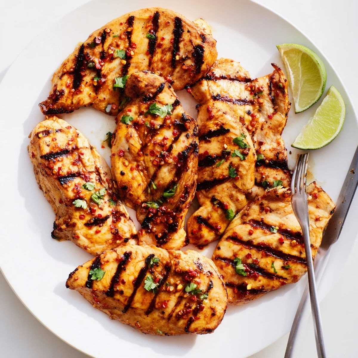 Zesty Grilled Spicy Honey Lime Chicken sliced, served with lime wedges and rice