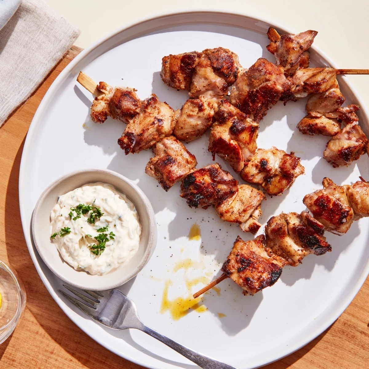 Grilled Chicken Bites With Creamy Garlic Sauce, charred edges and velvety dip