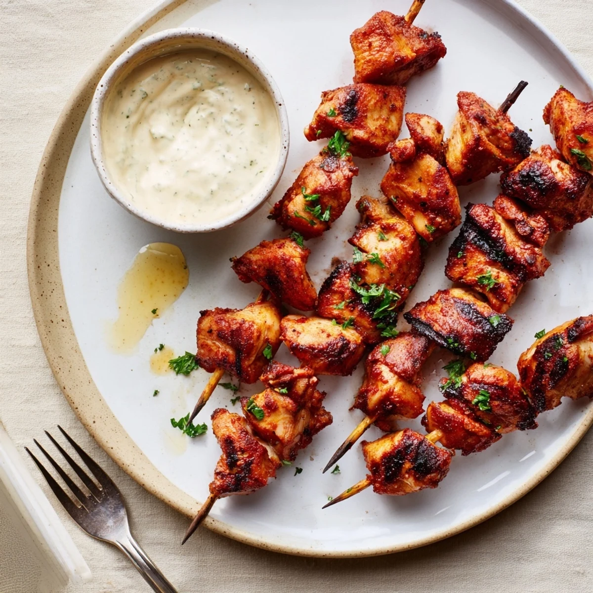 Skewered Grilled Chicken Bites With Creamy Garlic Sauce, served with fresh parsley