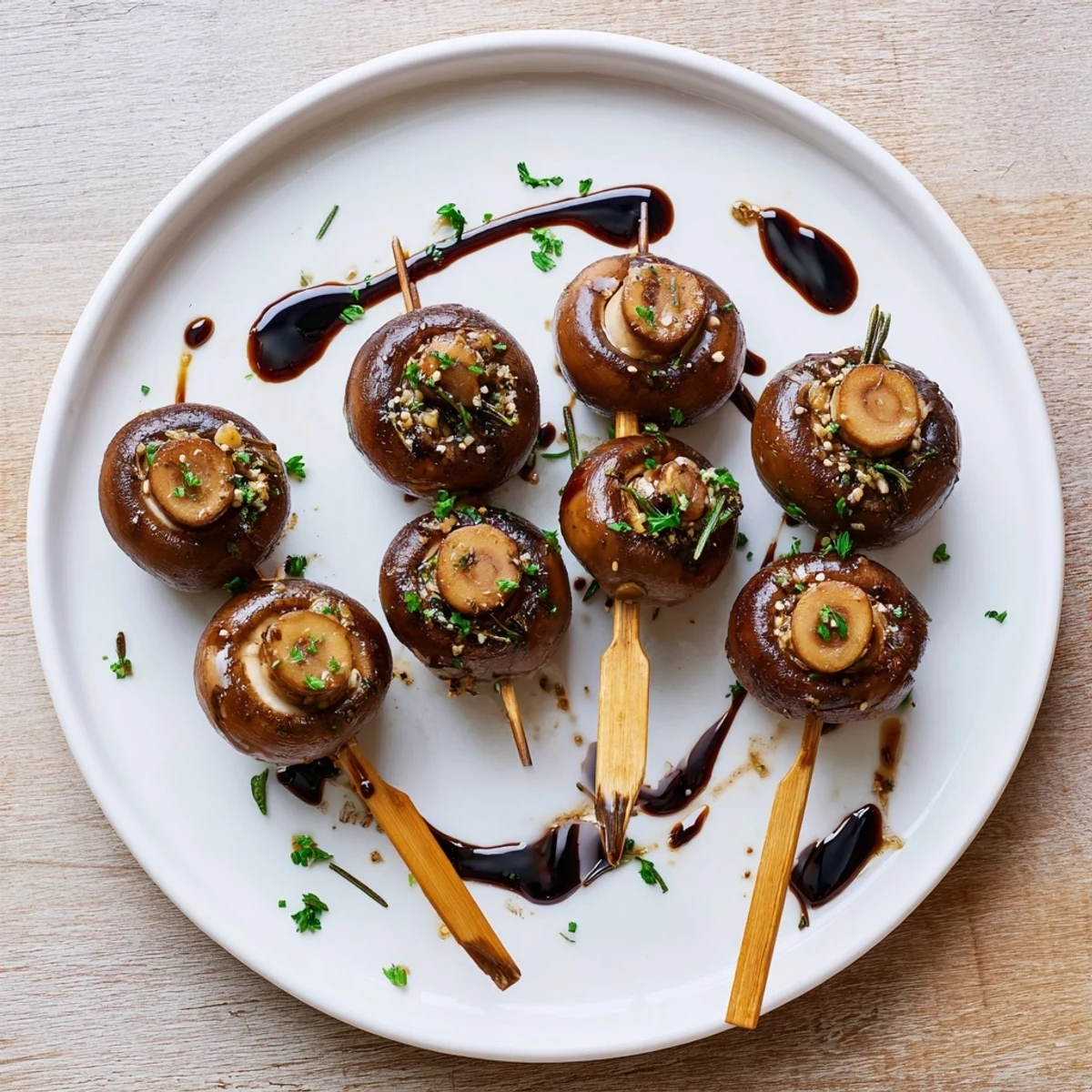 Charred, juicy Balsamic Garlic Grilled Mushroom Skewers drizzled with balsamic glaze, served warm.