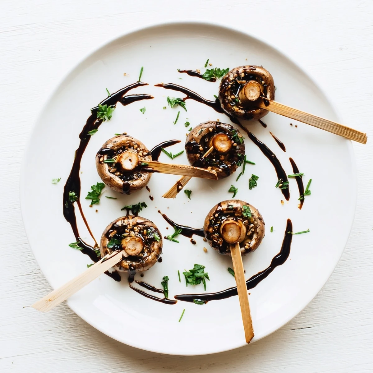Smoky Balsamic Garlic Grilled Mushroom Skewers resting on a platter, ready to serve.