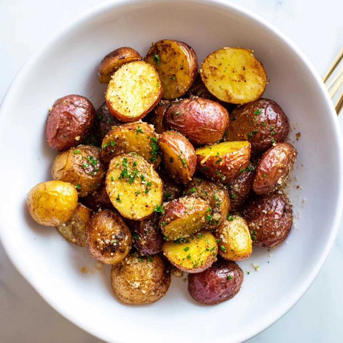 Grilled Potatoes Recipe showing smoky, crispy halves garnished with parsley and Parmesan