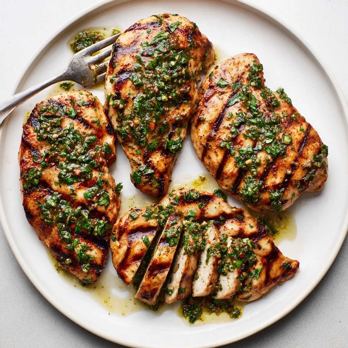 Grilled Chimichurri Chicken sliced with charred grill marks and bright herb sauce