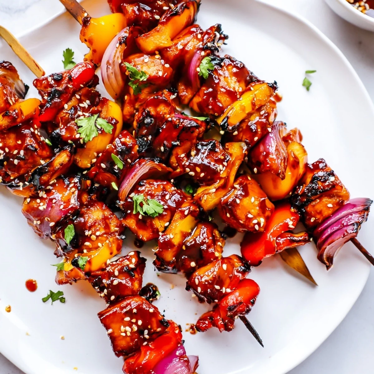 Juicy Honey Garlic BBQ Chicken Skewers sizzling with glaze, charred edges, served hot