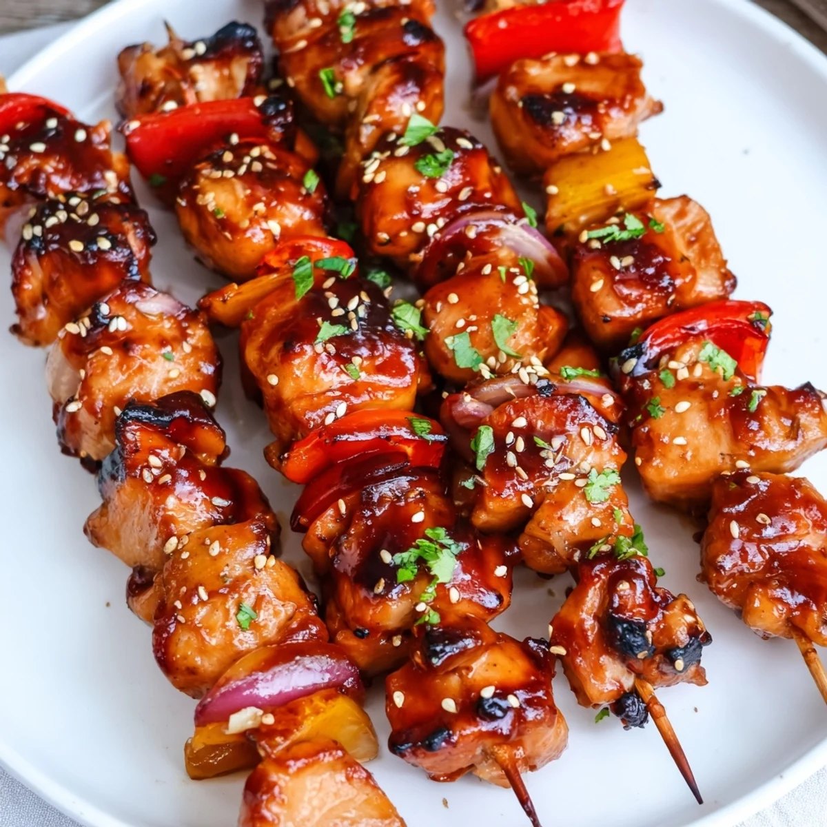 Grilled Juicy Honey Garlic BBQ Chicken Skewers with charred peppers, sticky glaze