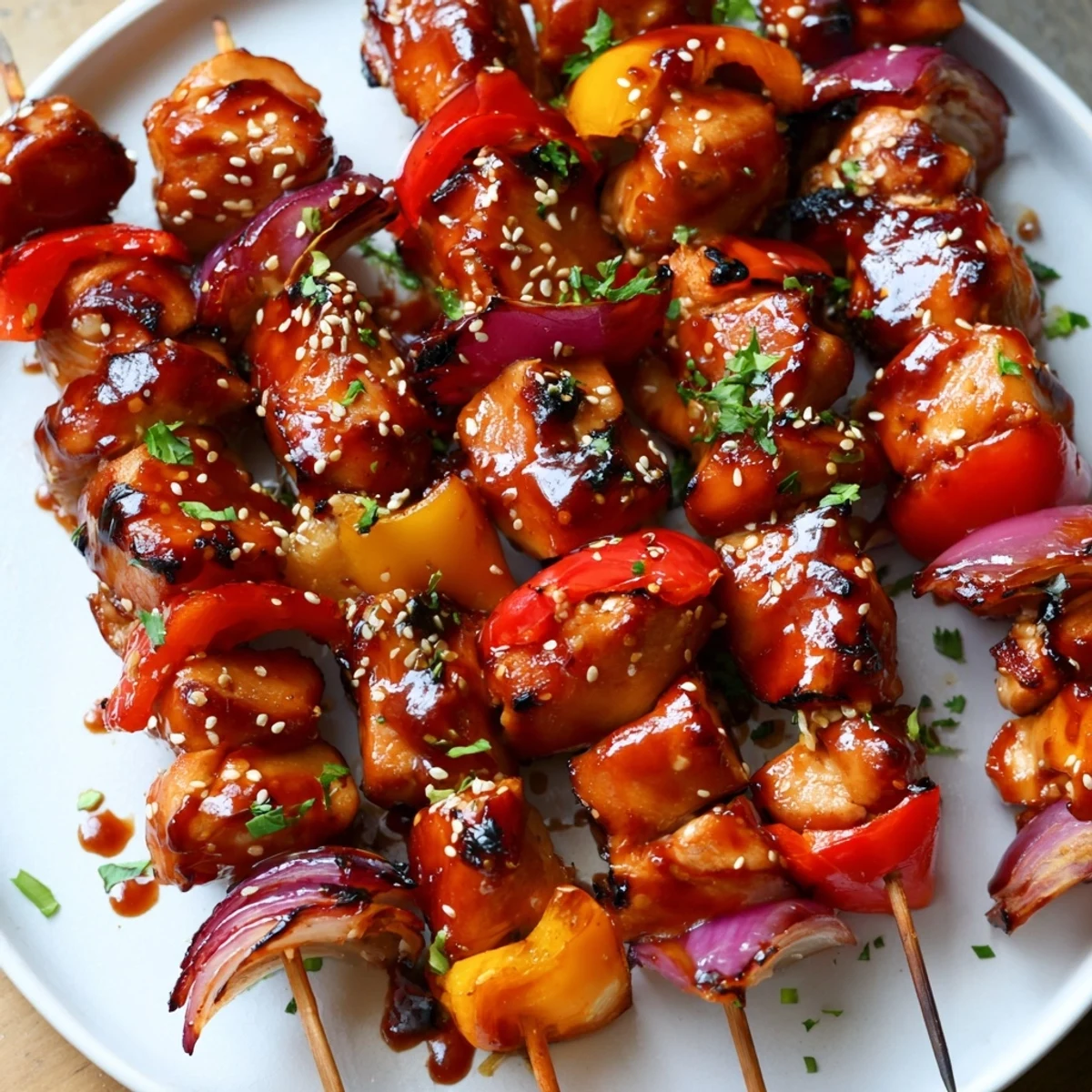 Family style Juicy Honey Garlic BBQ Chicken Skewers plated with rice, bright peppers