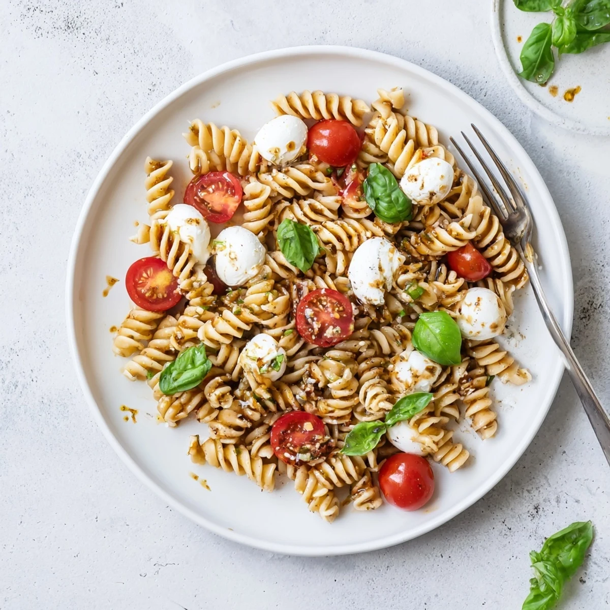 Caprese pasta salad with cherry tomatoes, mozzarella, and basil, glossy balsamic drizzle.