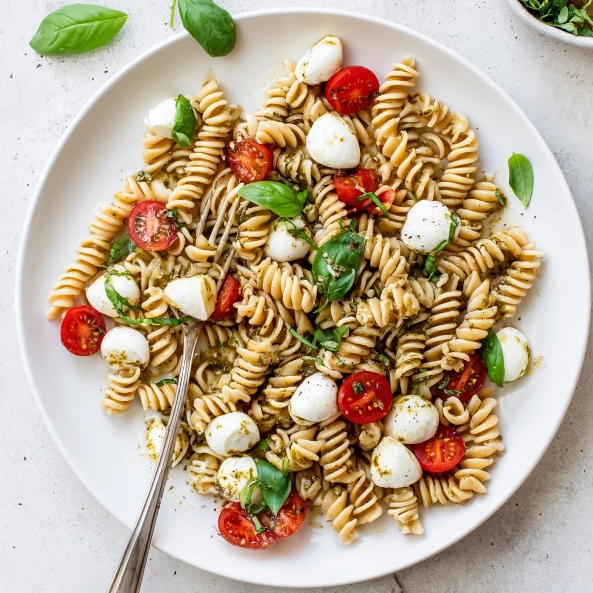 Bright Caprese Pasta Salad Recipe served chilled in bowl, herb-scented and tangy.
