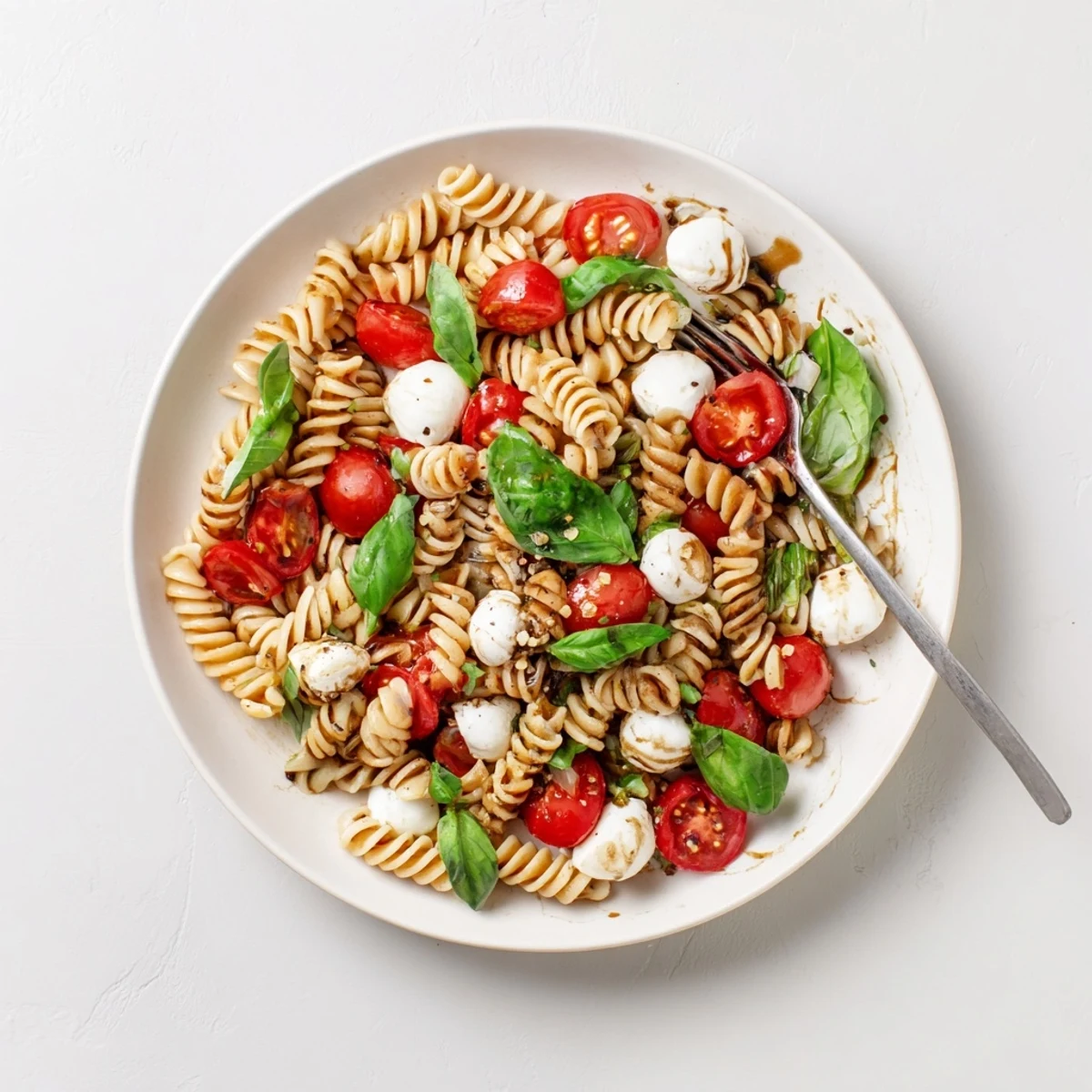 Freshly tossed Caprese pasta salad piled on picnic plate, creamy mozzarella.