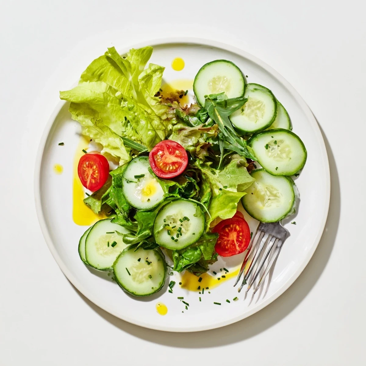 Simple Green Salad Recipe served immediately for lunch with fresh chives garnish