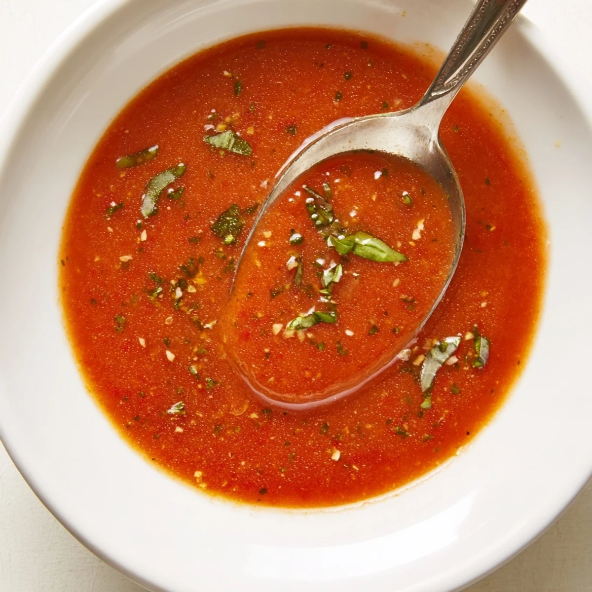 Bright Tomato Basil Vinaigrette in jar, glossy red with green herb flecks