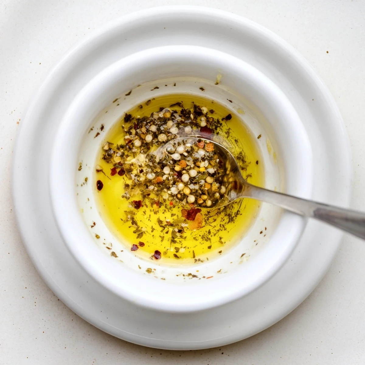 Italian Vinaigrette glistening with olive oil, herb flecks and tangy aroma