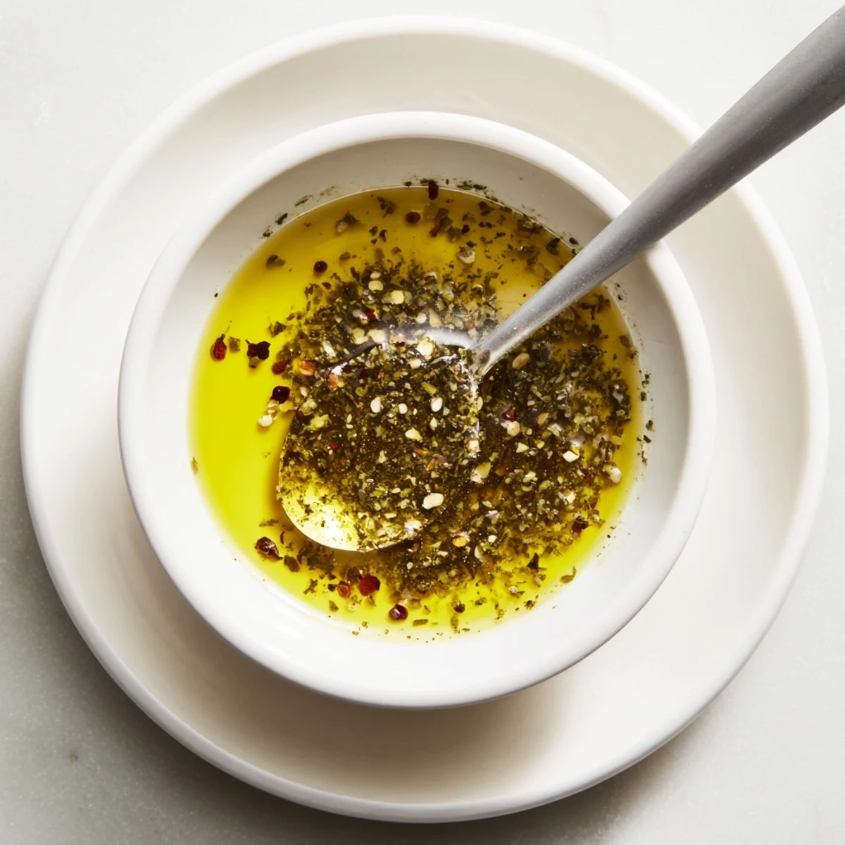 Homemade Italian Vinaigrette whisked smooth, ideal for tossing baby arugula