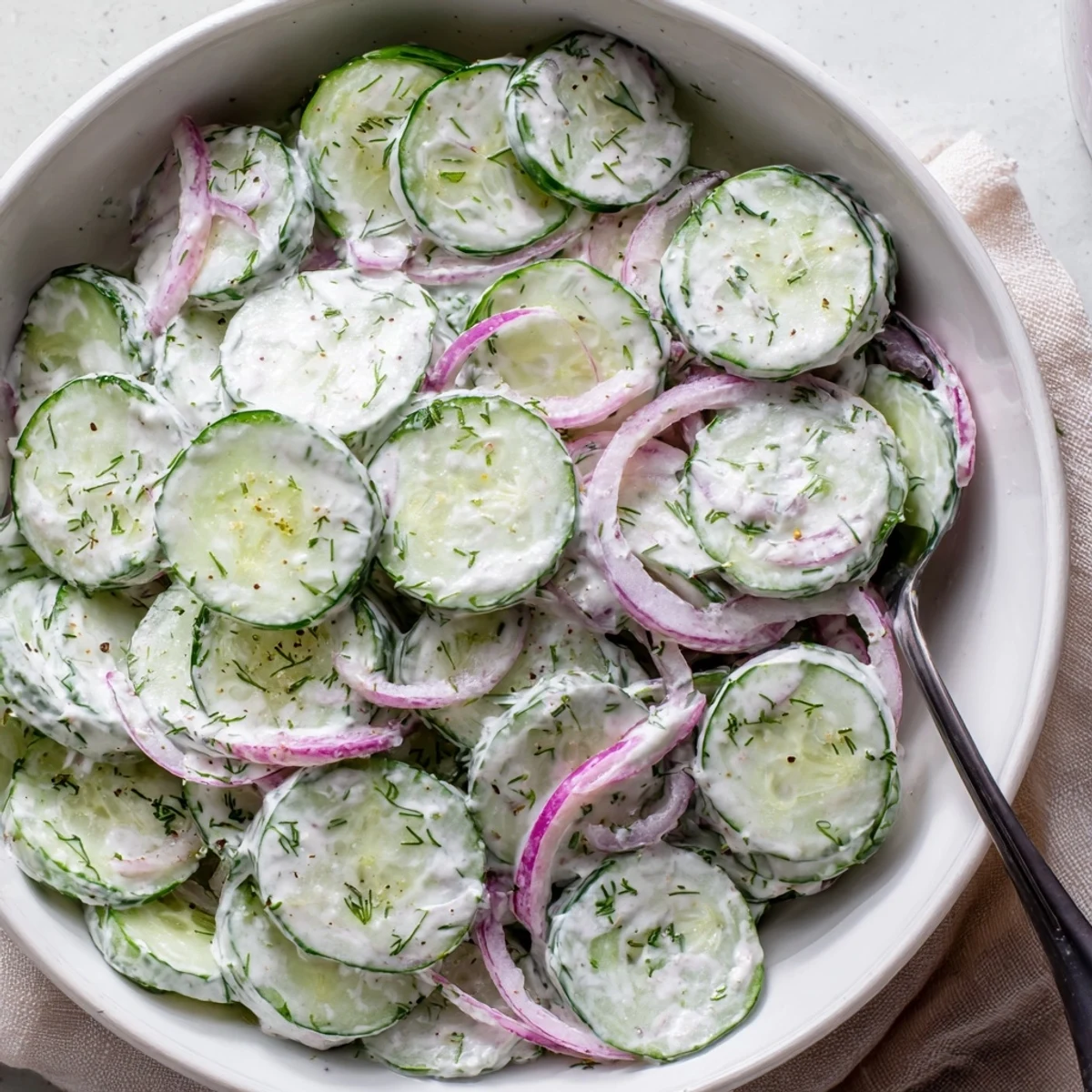 Bright Tzatziki Cucumber Salad Recipe chilled, lemony dressing over thinly sliced cucumbers
