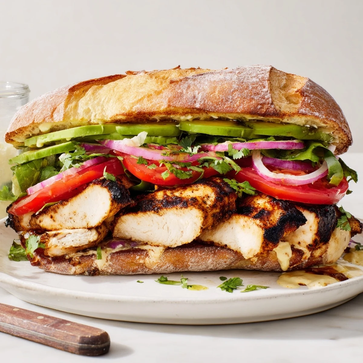 Smoky, juicy Chipotle Grilled Chicken With Avocado Sandwich Recipe on toasted rolls