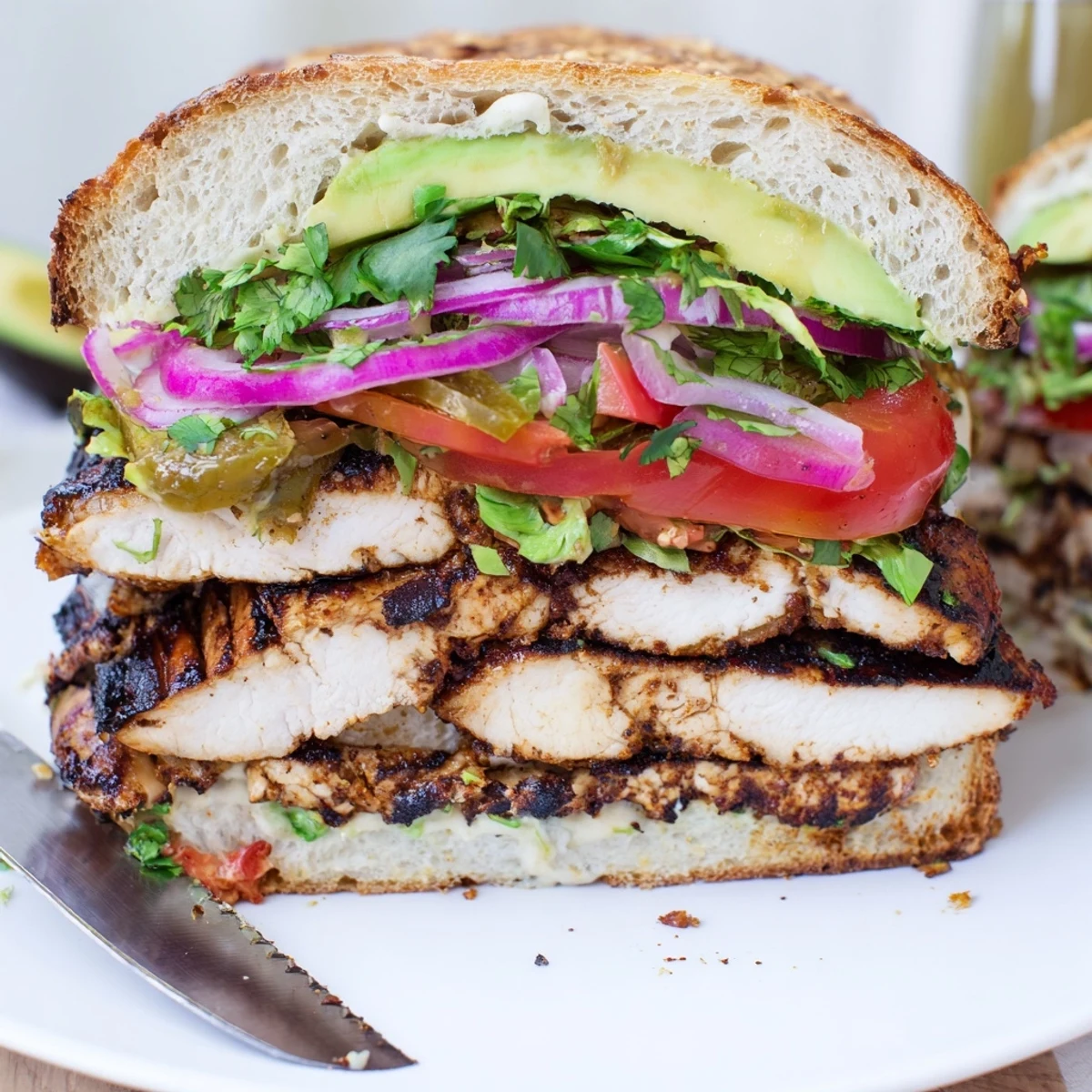 Charred, zesty slices in Chipotle Grilled Chicken With Avocado Sandwich Recipe with lime mayo