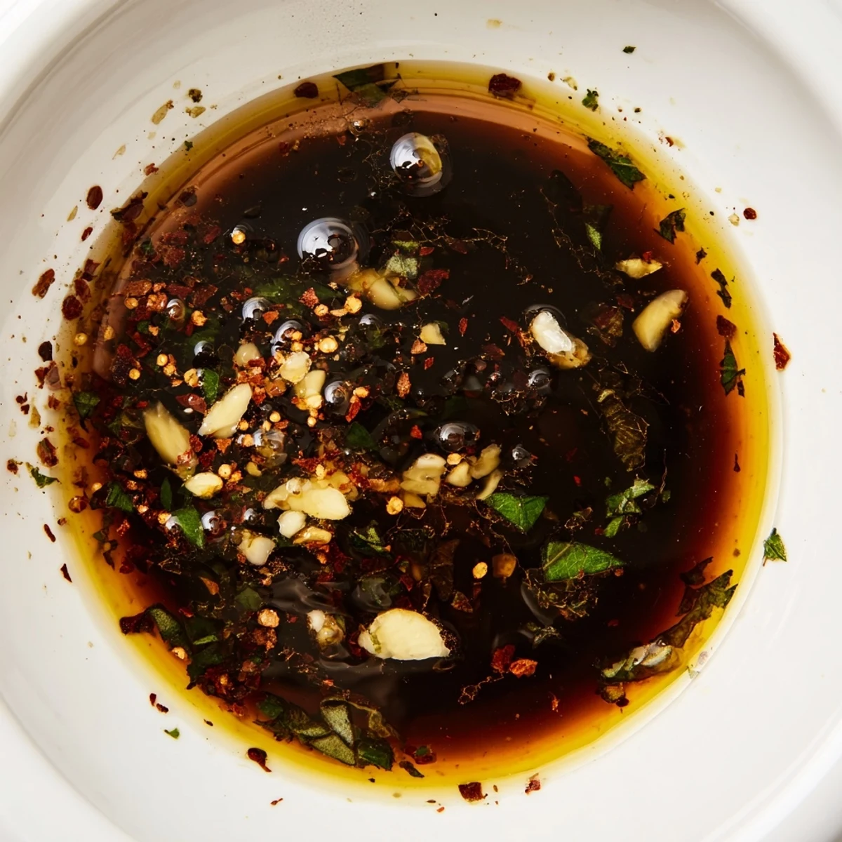 Zesty Italian Vinaigrette glistening over mixed greens with herbs and garlic