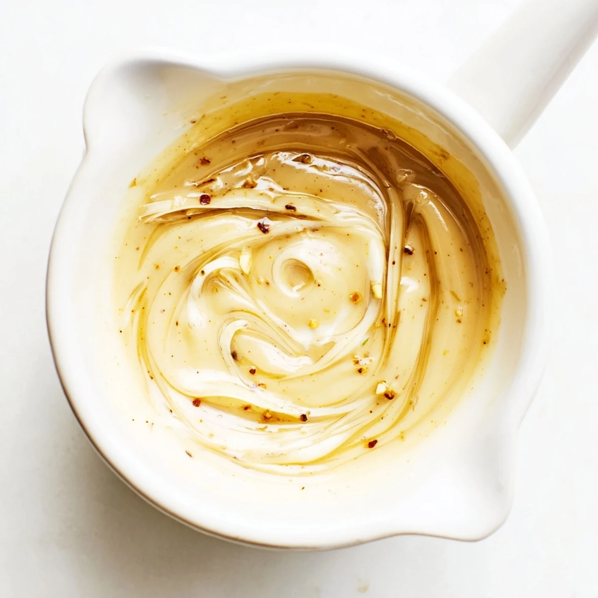 Creamy yet slightly sharp Dijon Vinaigrette Recipe showing olive oil sheen, honey balance.