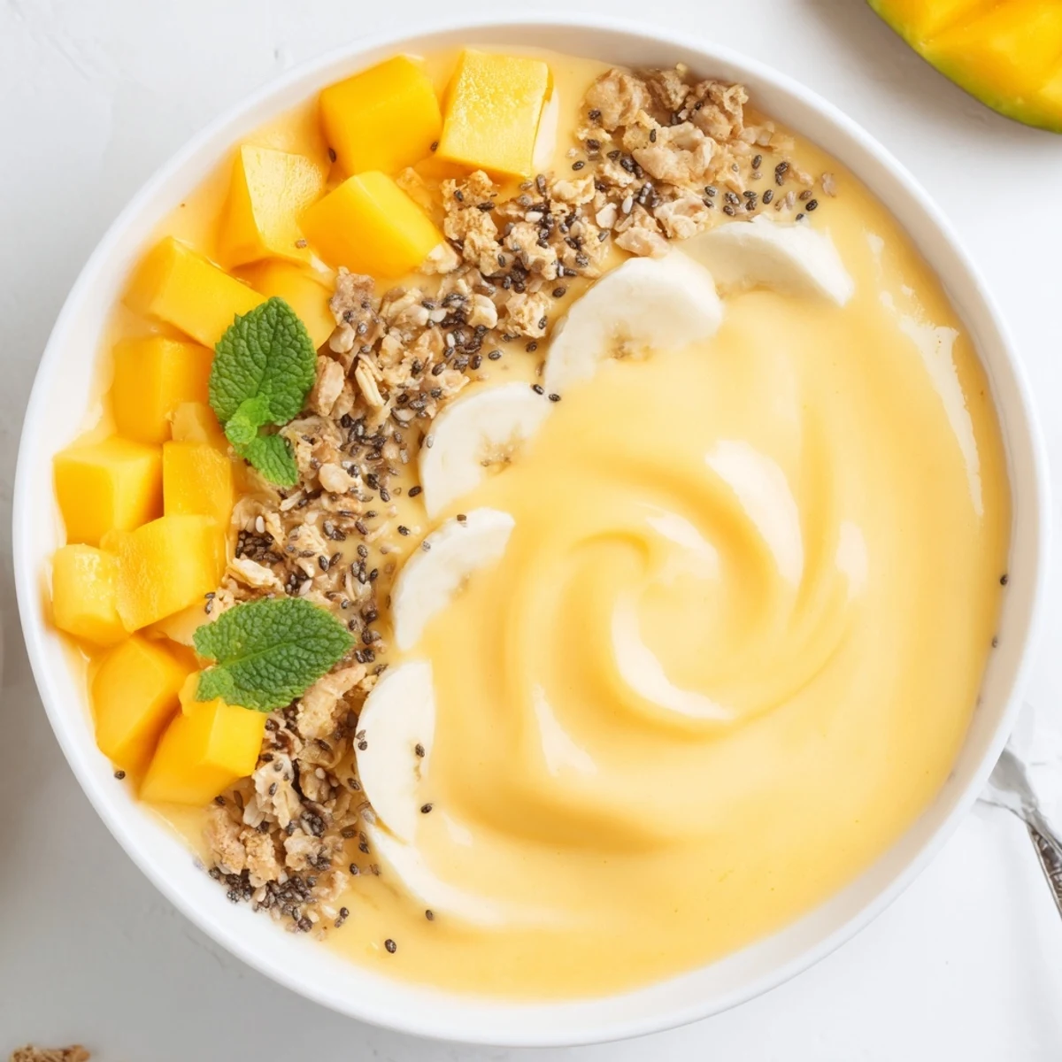 Creamy Iced Mango Lassi Smoothie Bowl with cardamom aroma, chilled breakfast treat
