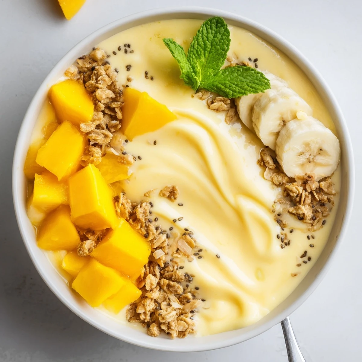 Iced Mango Lassi Smoothie Bowl topped with diced mango, toasted coconut flakes