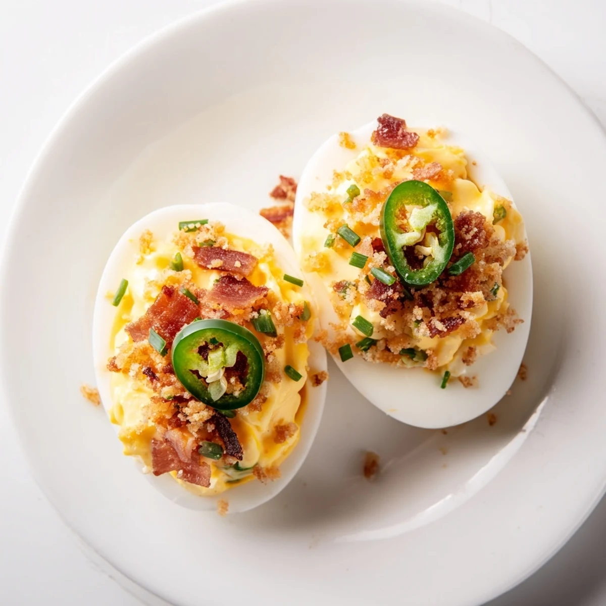 Creamy Jalapeno Popper Deviled Eggs recipe topped with crispy bacon and chives