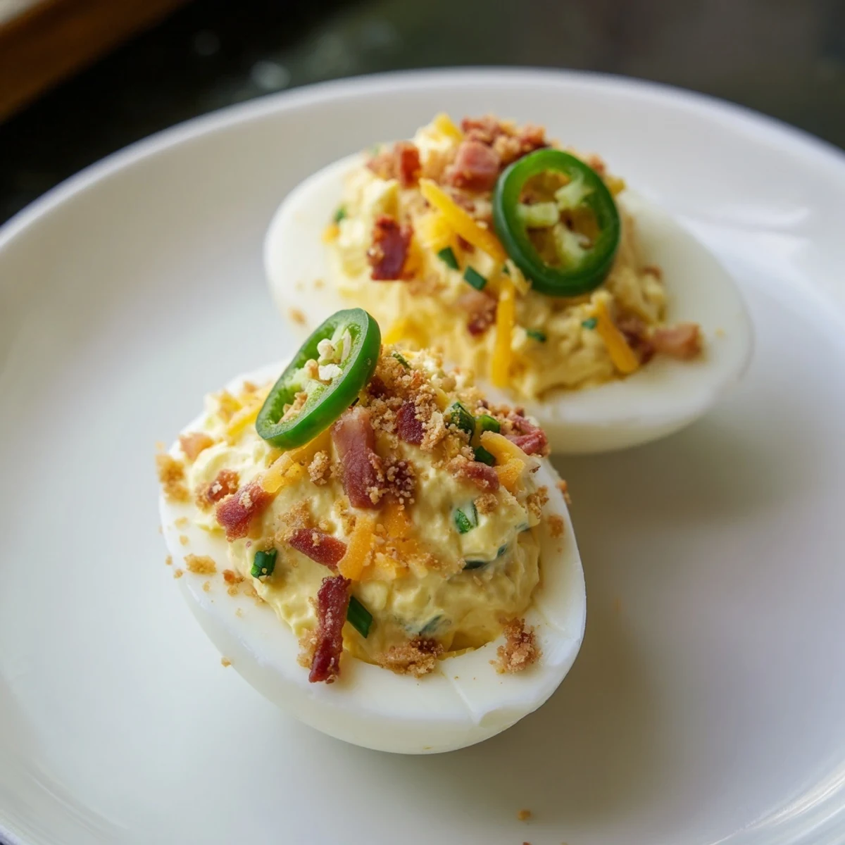 Zesty Jalapeno Popper Deviled Eggs served chilled on a wooden appetizer board