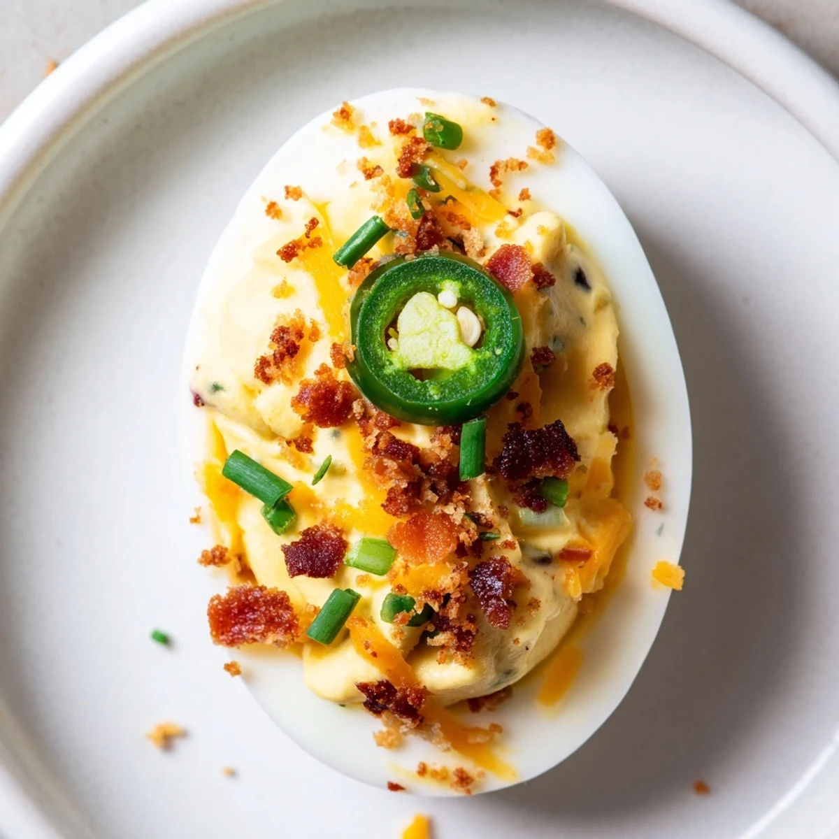 Smoky-salty Jalapeno Popper Deviled Eggs recipe with melted cheddar and panko crunch