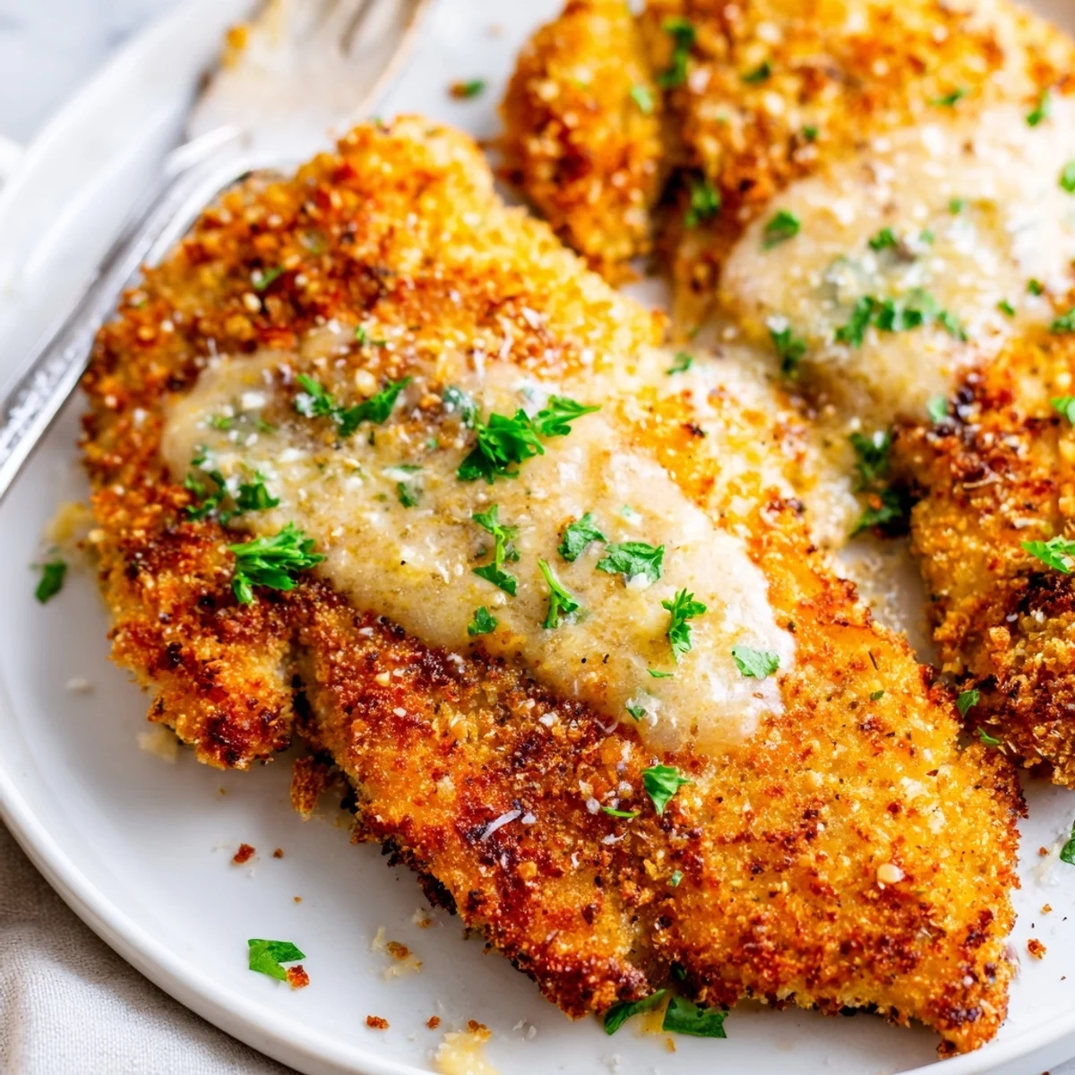 Crispy Chicken Creamy Sauce Recipe: golden breaded breasts draped in velvety sauce.