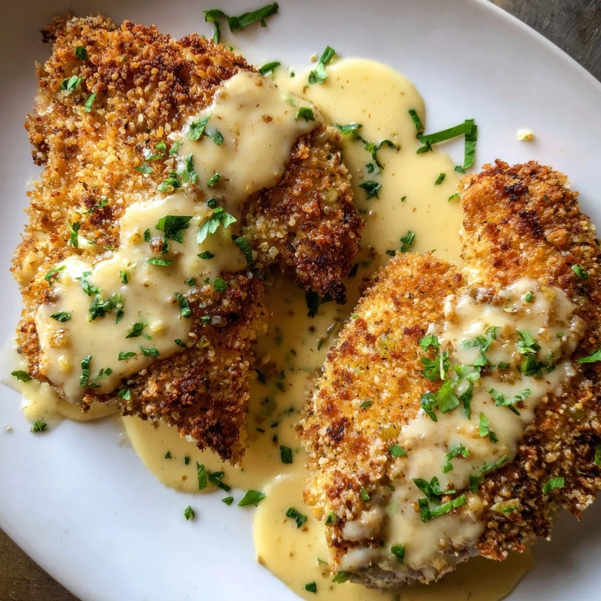 Pan-fried golden chicken, garlic-infused cream poured over Crispy Chicken Creamy Sauce Recipe.