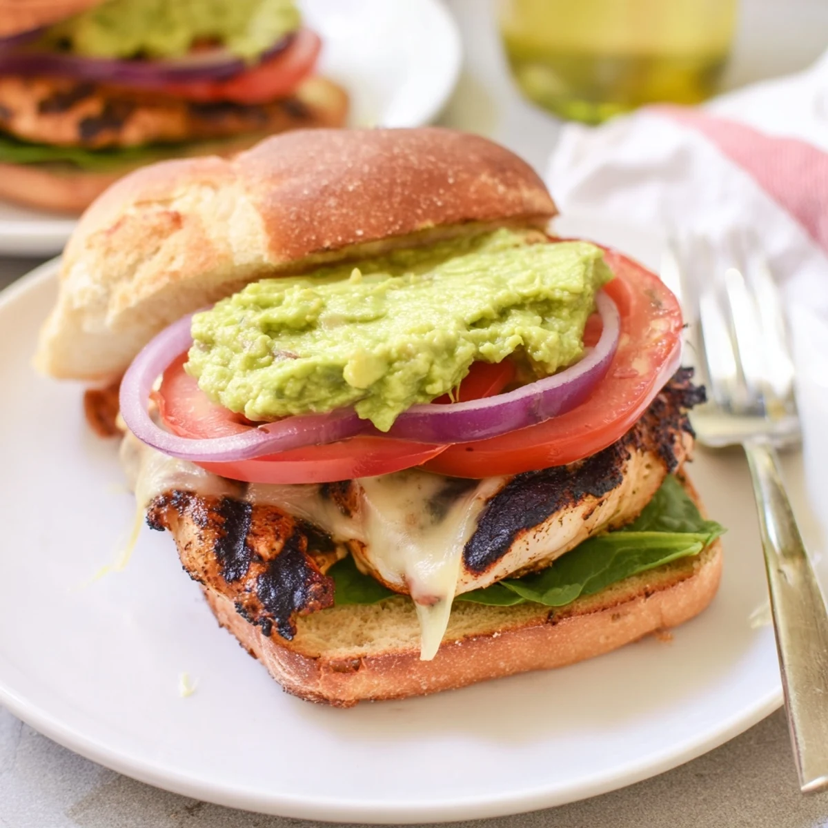 Warm Grilled Chicken Avocado Sandwich layered with Swiss, ripe tomato, crisp spinach