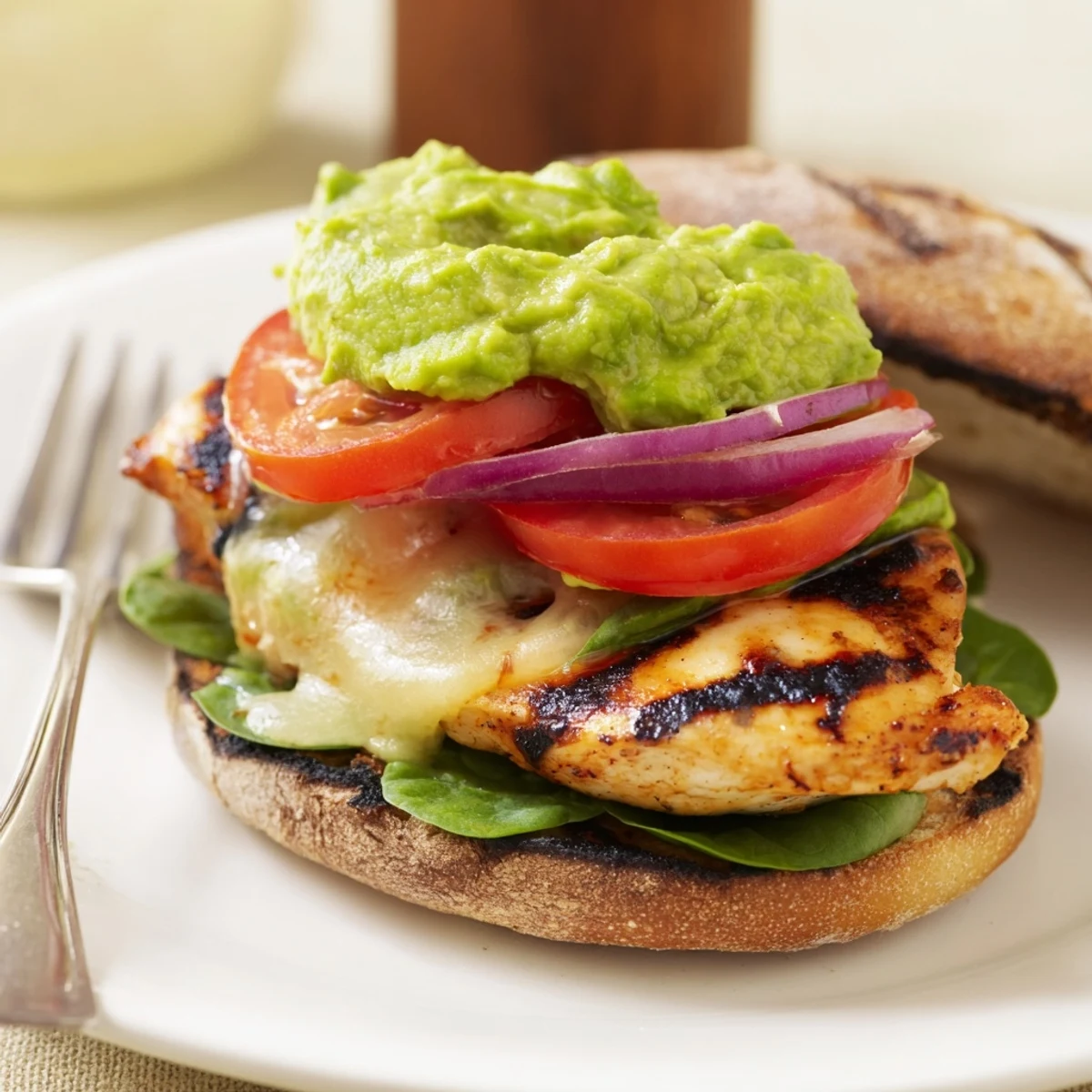 Grilled Chicken Avocado Sandwich with charred chicken, creamy avocado, toasted roll