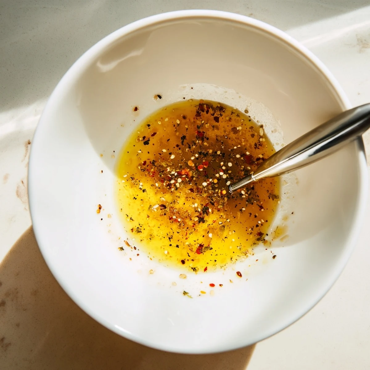 Bright tangy vinaigrette glistening in bowl, perfect for fresh greens