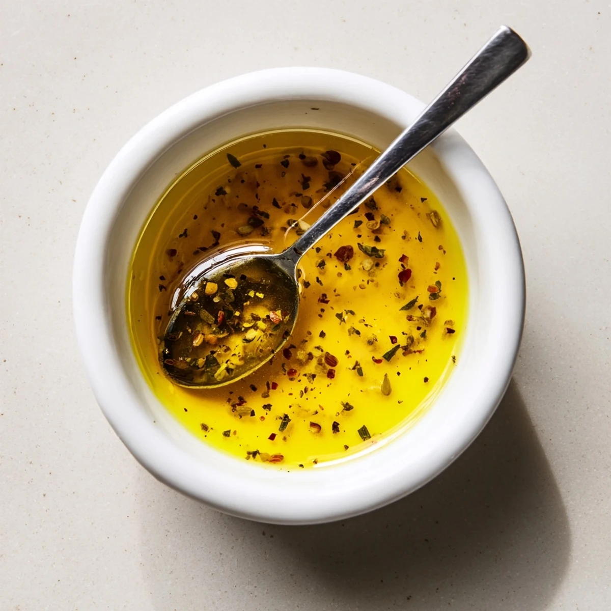 Whisked vinaigrette with Dijon and olive oil, ready to dress salads