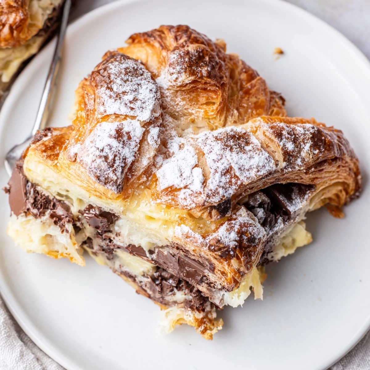 Sliced Chocolate Croissant Breakfast Bake steaming on plate, dusted with powdered sugar.