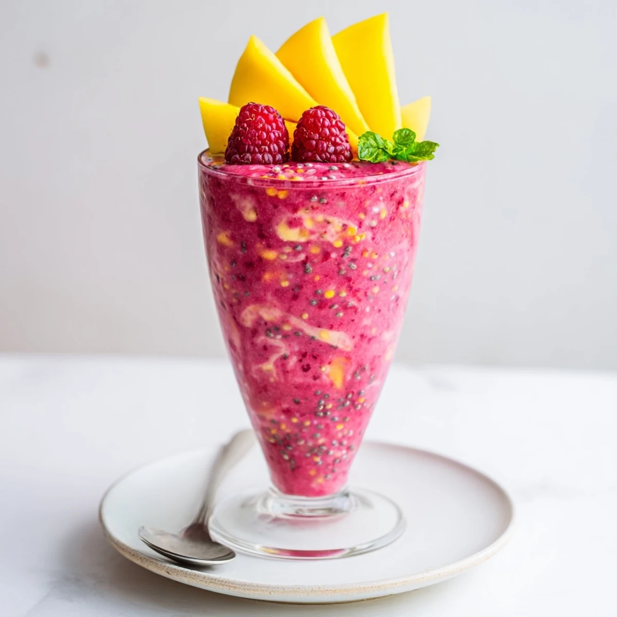 Vibrant Raspberry Mango Smoothie poured into tall glass, frosty, tropical aroma.
