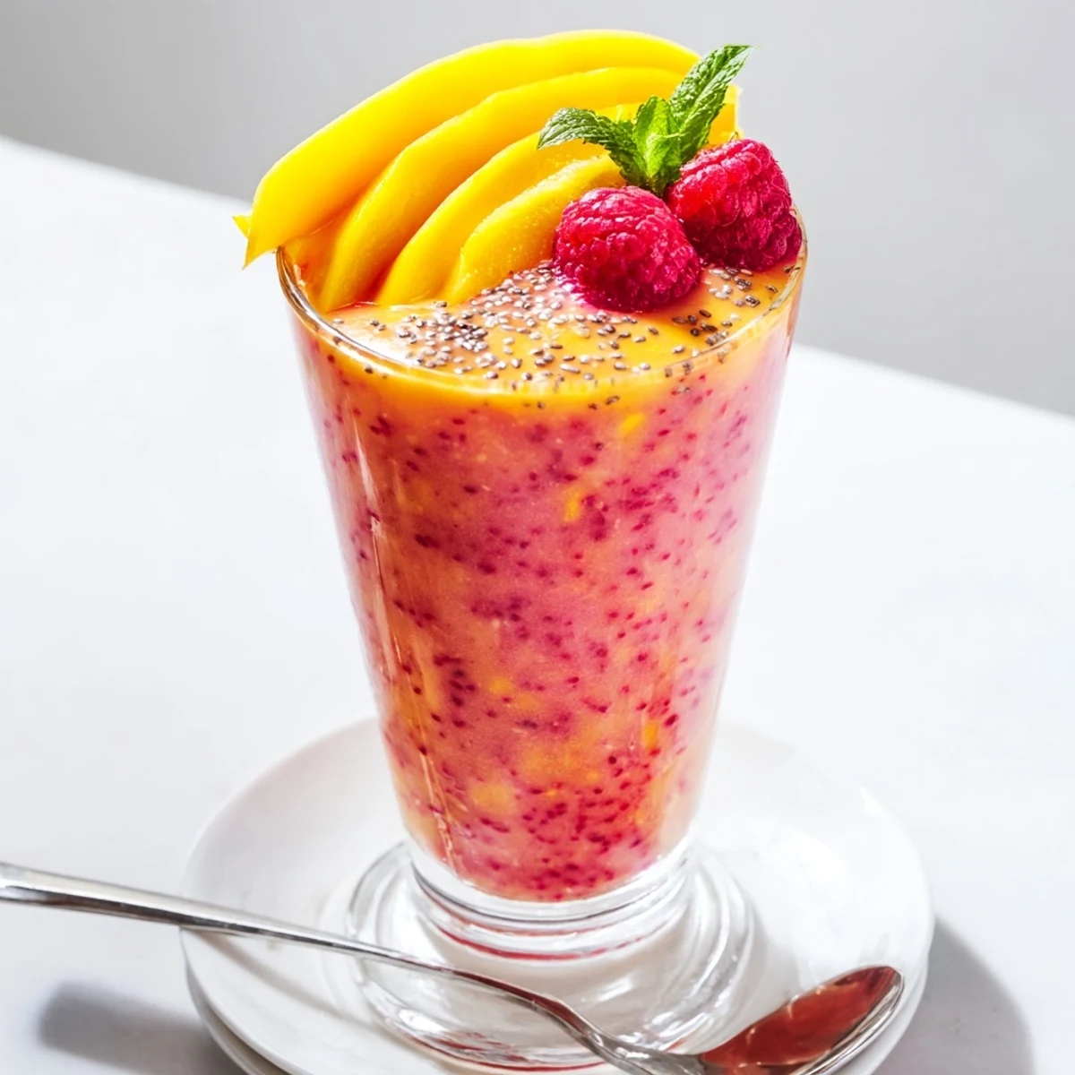 Chilled Vibrant Raspberry Mango Smoothie topped with sliced mango and mint.
