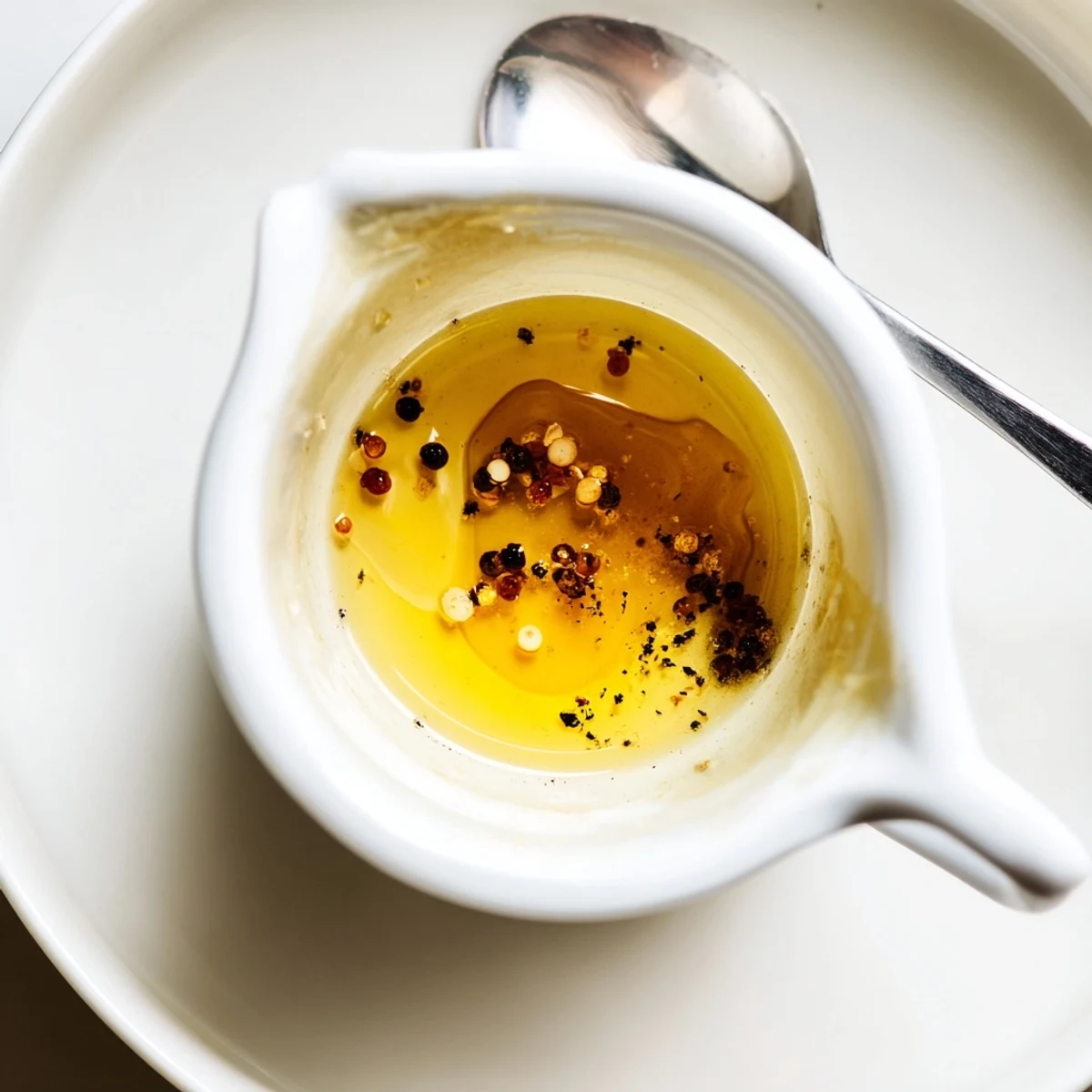 Honey Mustard Vinaigrette glossy amber drizzle over mixed greens, garlic flecks visible